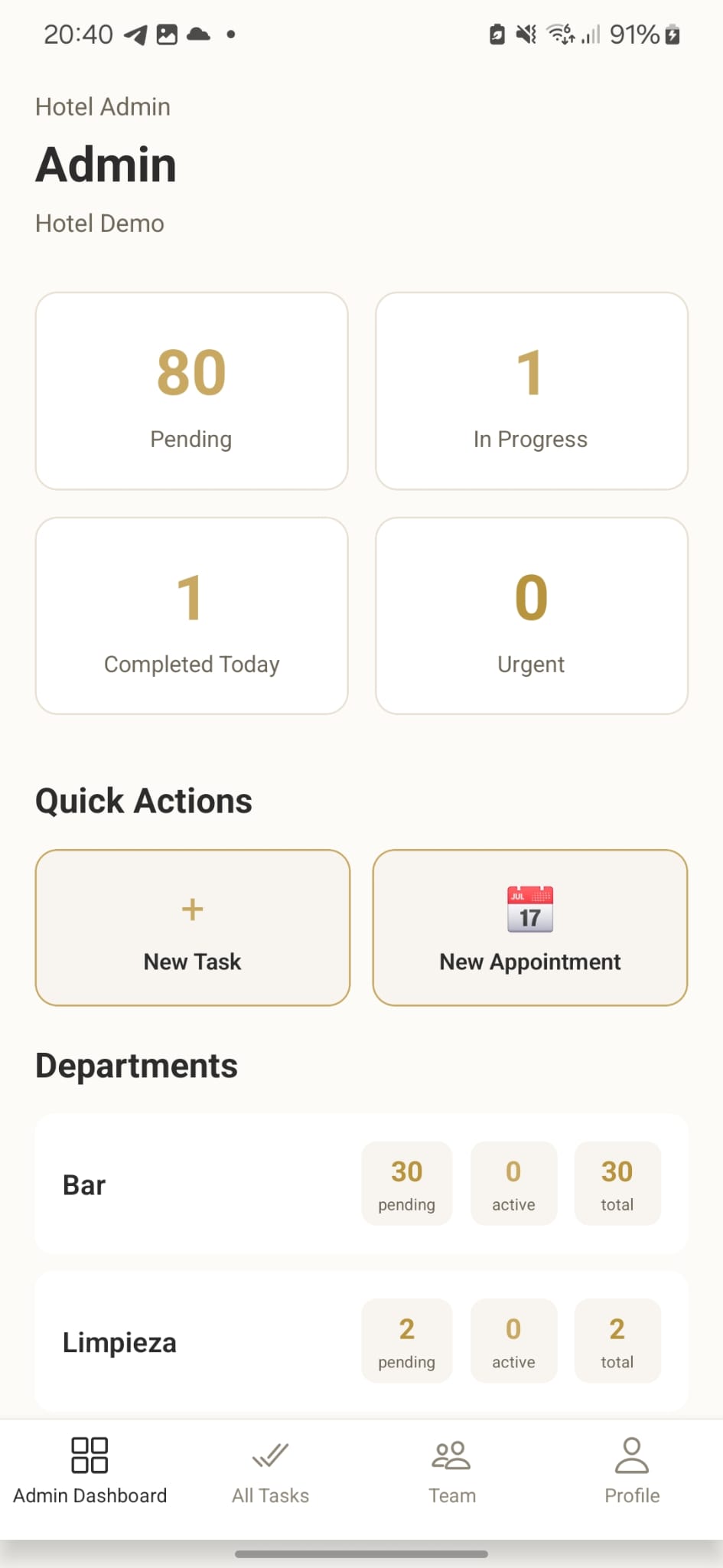 App de hotel: notificaciones y acciones rápidas